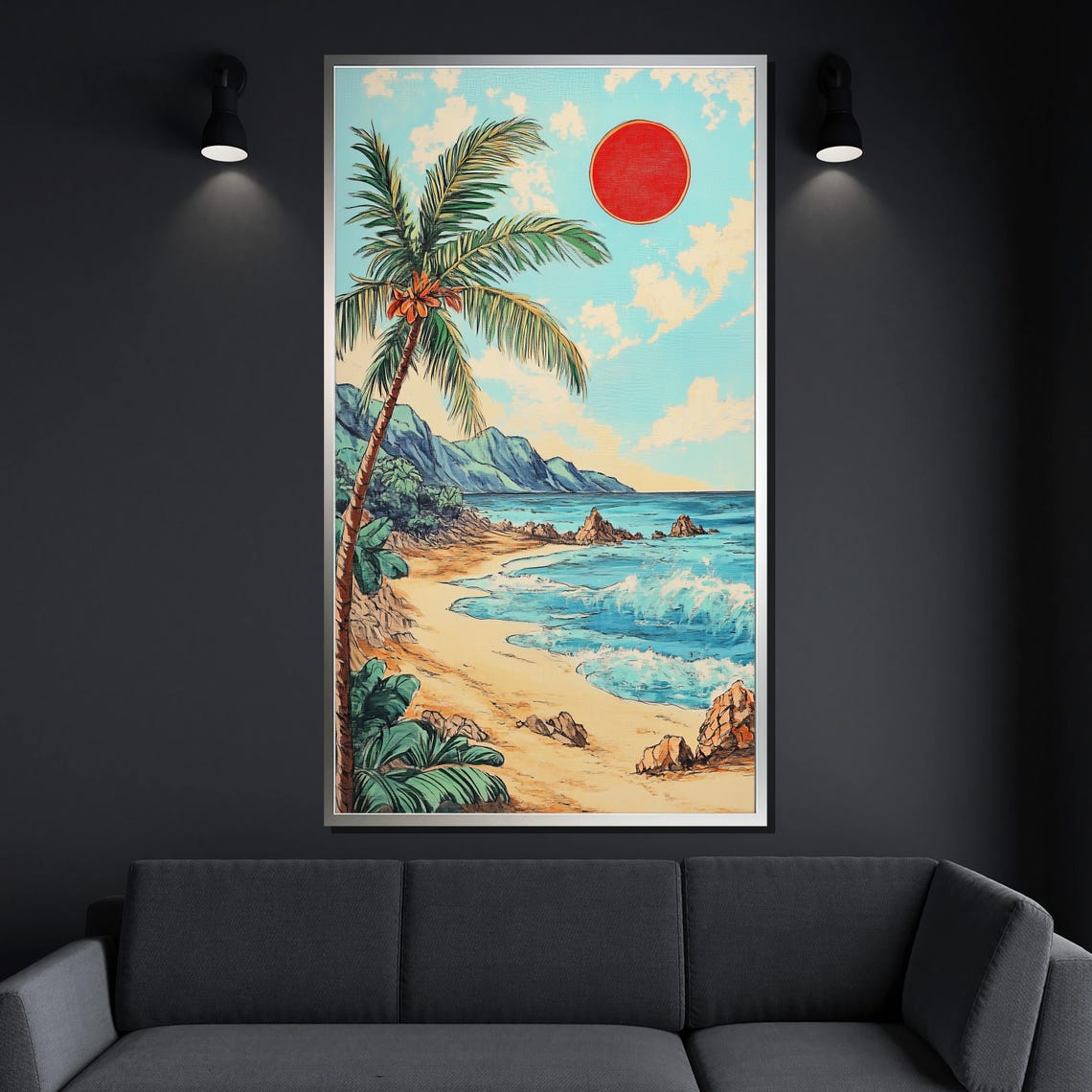 Tropical Beach Palm Tree Red Sun Ocean Waves Retro Travel Poster - Image 4