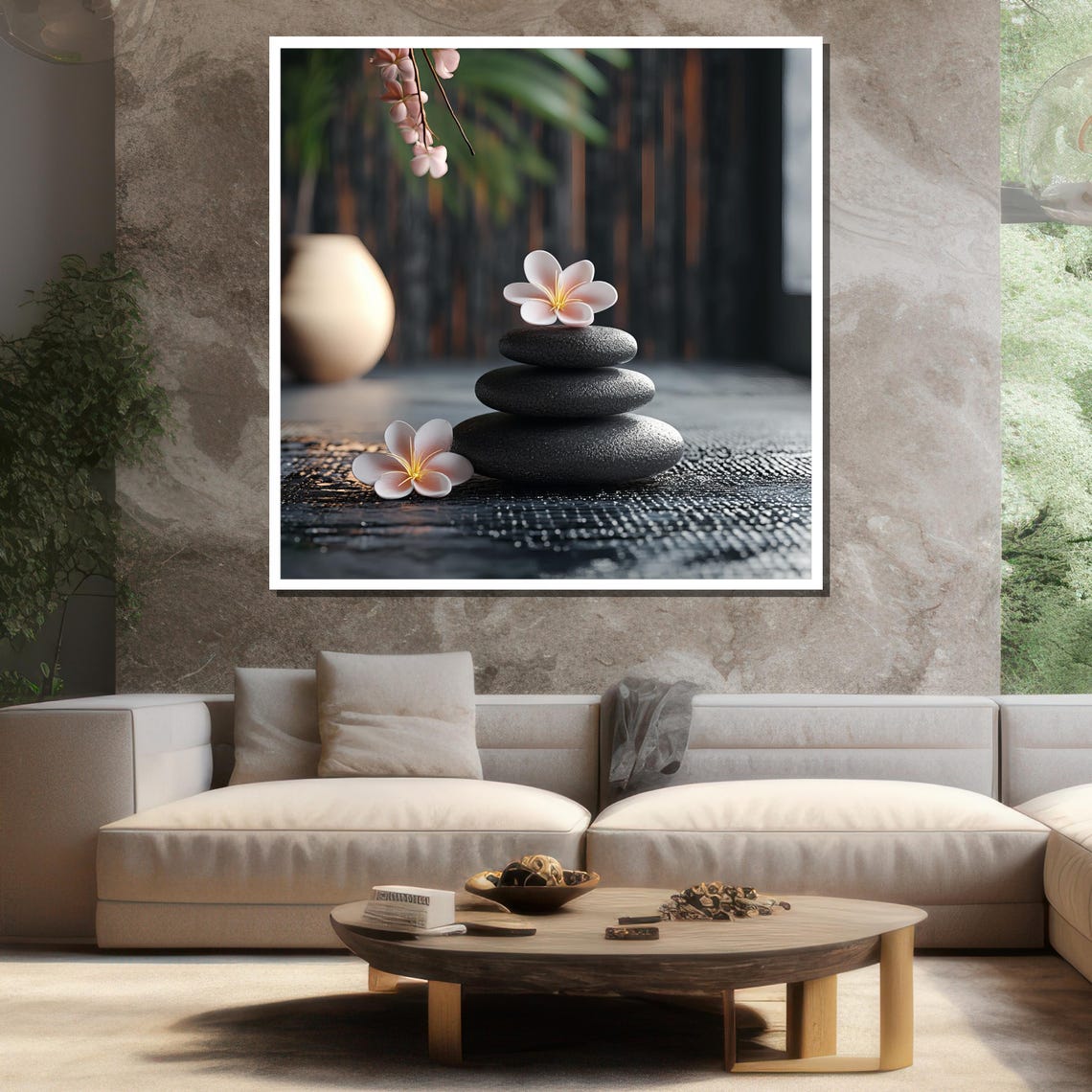 Zen Stone Stack Plumeria Flowers Dark Spa Minimalist Calm Art Poster - Image 3