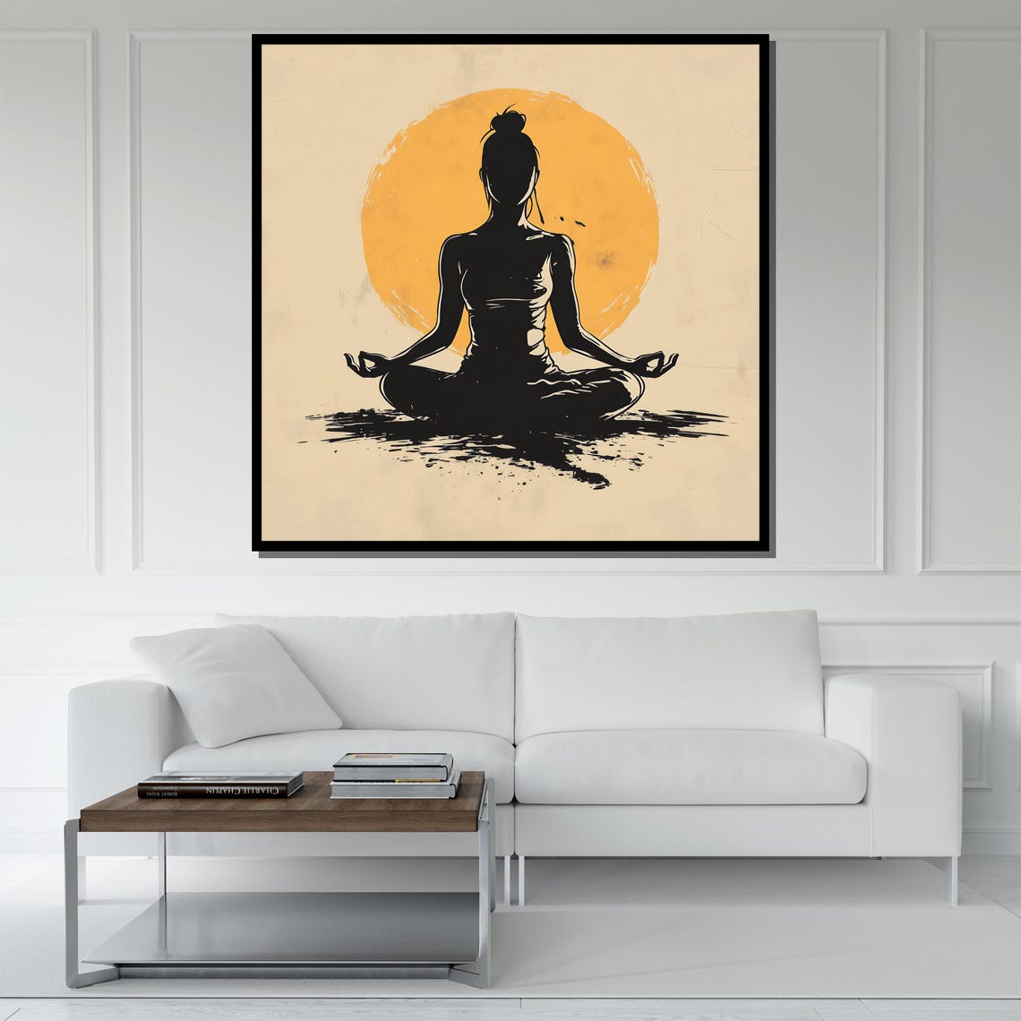 Woman Meditating Yoga Pose Silhouette With Orange Sun Wall Poster - Image 5