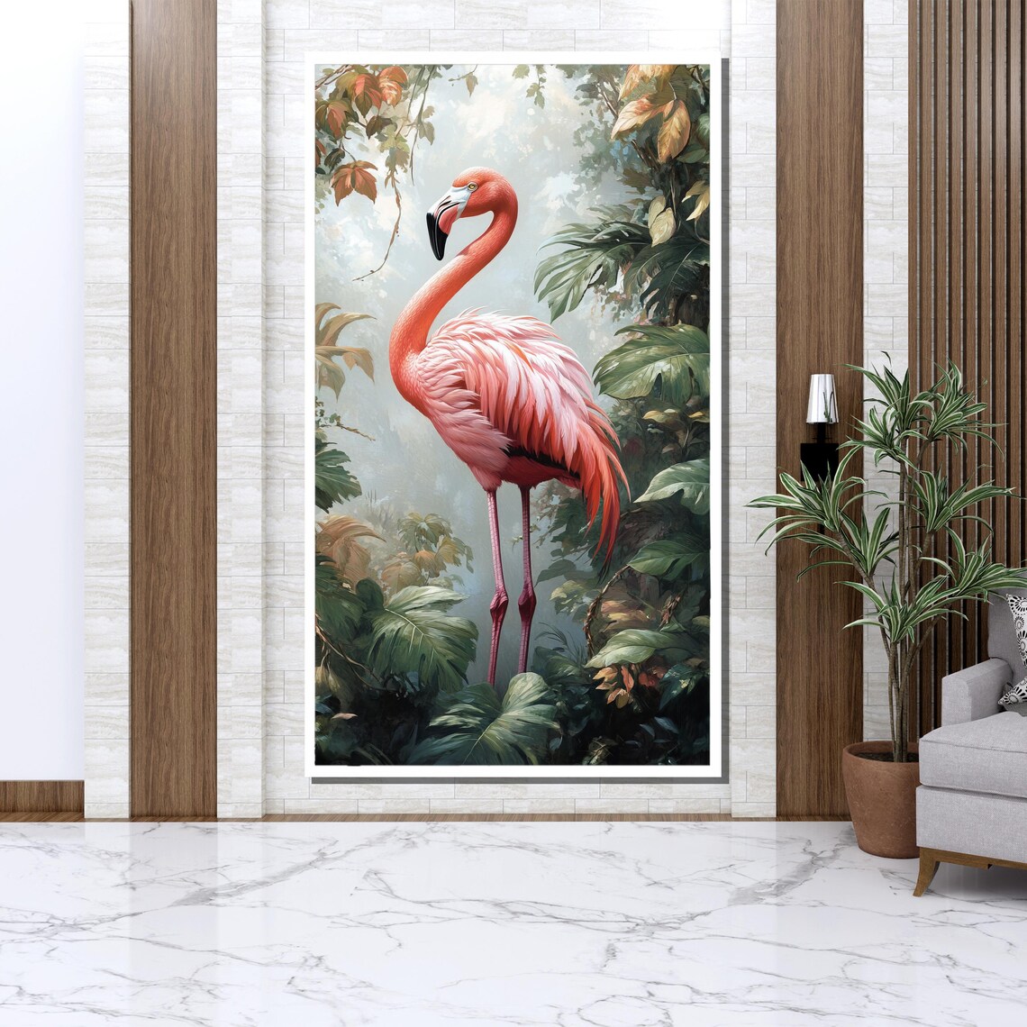 Pink Flamingo Standing In Lush Tropical Jungle Painting Wall Poster - Image 3