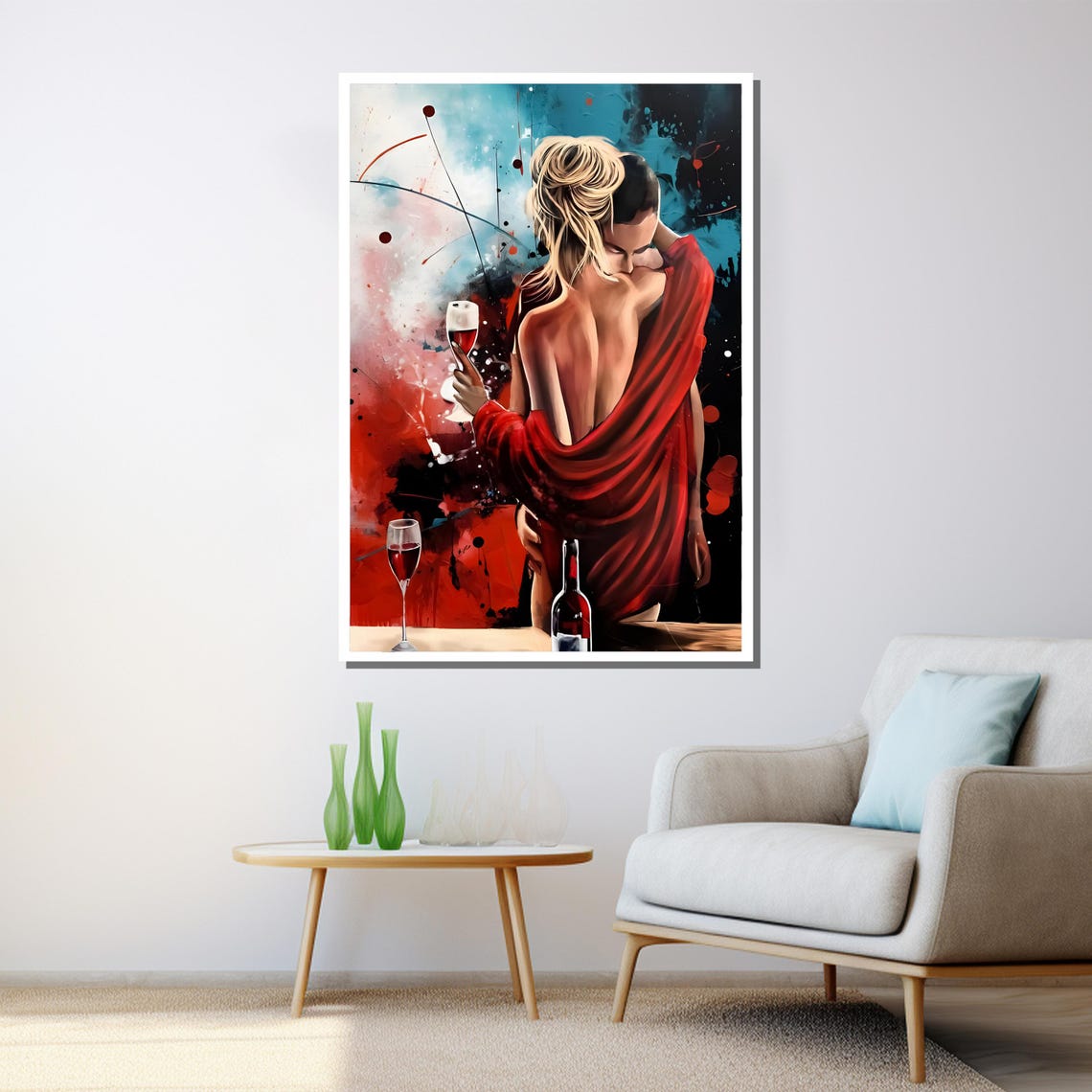 Passionate Couple Red Shawl Wine Abstract Blue Splash Painting Poster - Image 3