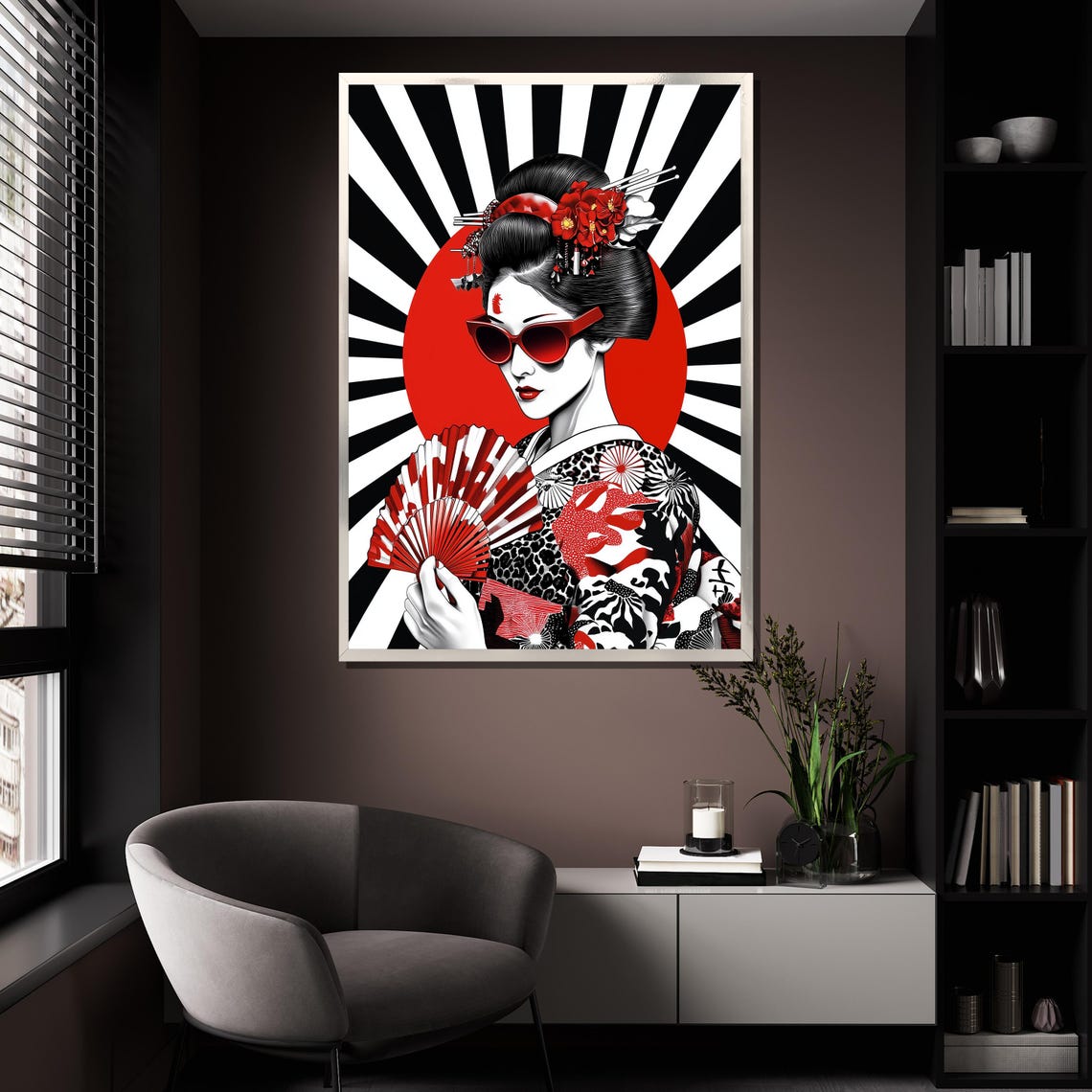 Modern Geisha Pop Art Red Sunglasses Fan Bold Japanese Wall Art - Image 4