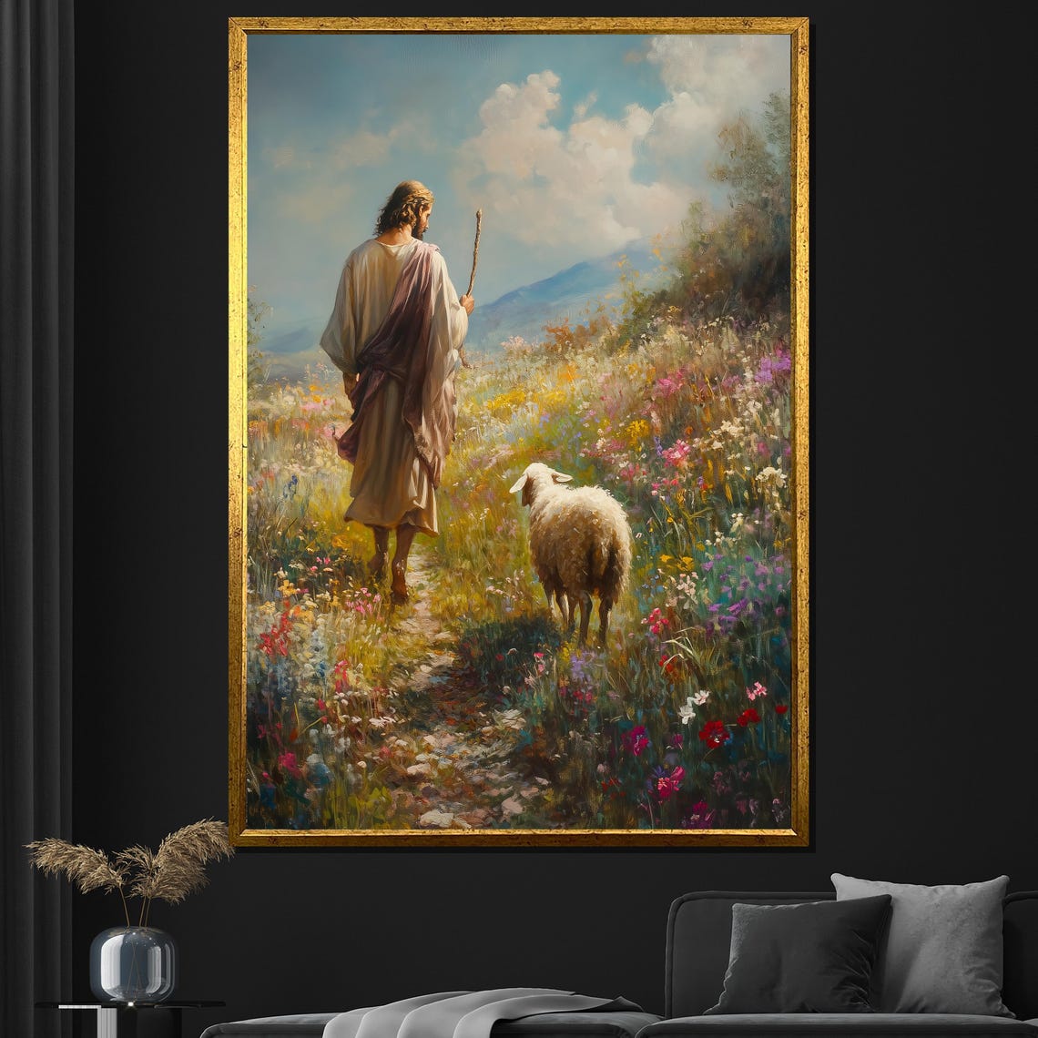 Jesus And Lost Sheep Flower Meadow Good Shepherd Painting Wall Poster