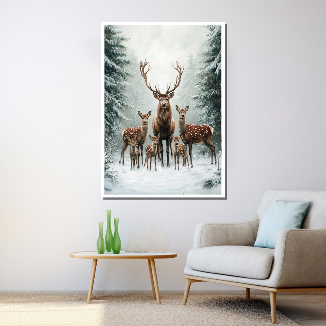 Deer Family Winter Snow Forest Stag Fawns Heartwarming Wall Art - Image 3