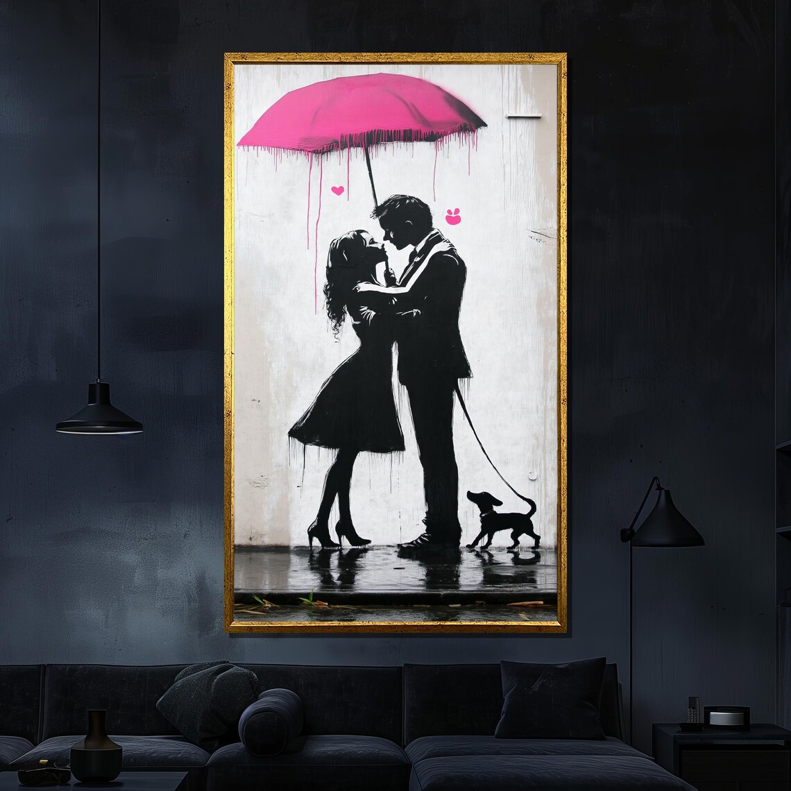 Couple Kissing Under Pink Umbrella Street Art Silhouette Wall Poster
