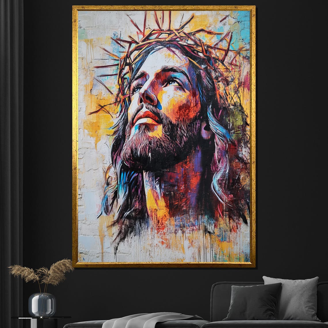Colorful Jesus Crown Of Thorns Looking Up Spiritual Wall Art Poster