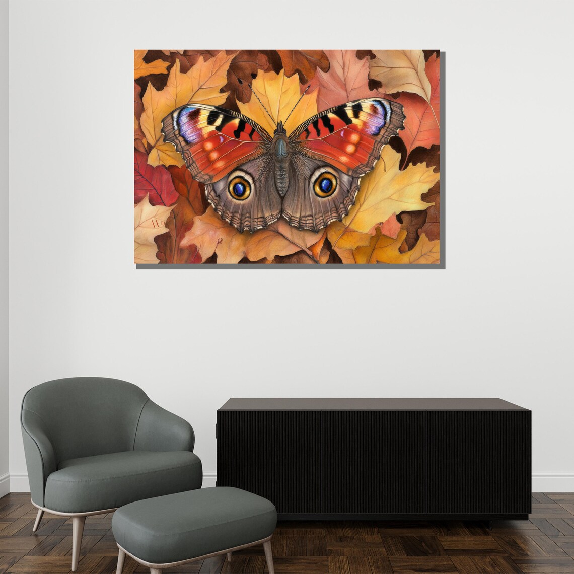 Butterfly On Autumn Leaves Detailed Nature Wildlife Art Print - Image 2
