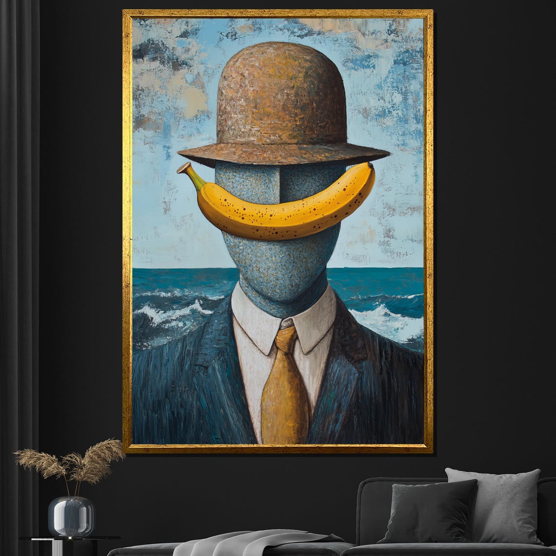 Bowler Hat Man With A Banana Smile By The Ocean Surreal Poster