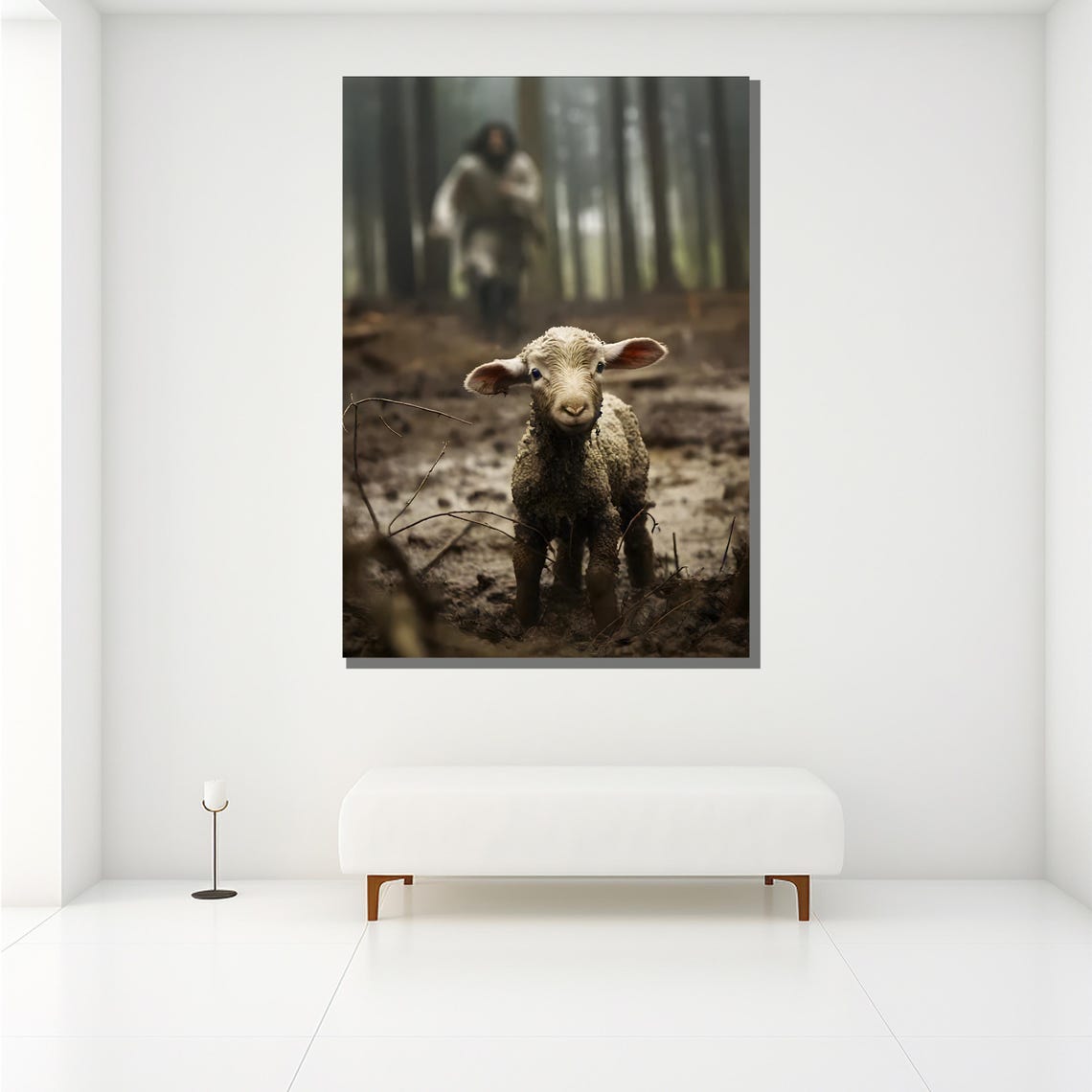 Jesus Rescuing The Lost Lamb In A Misty Forest Religious Art Poster - Image 2