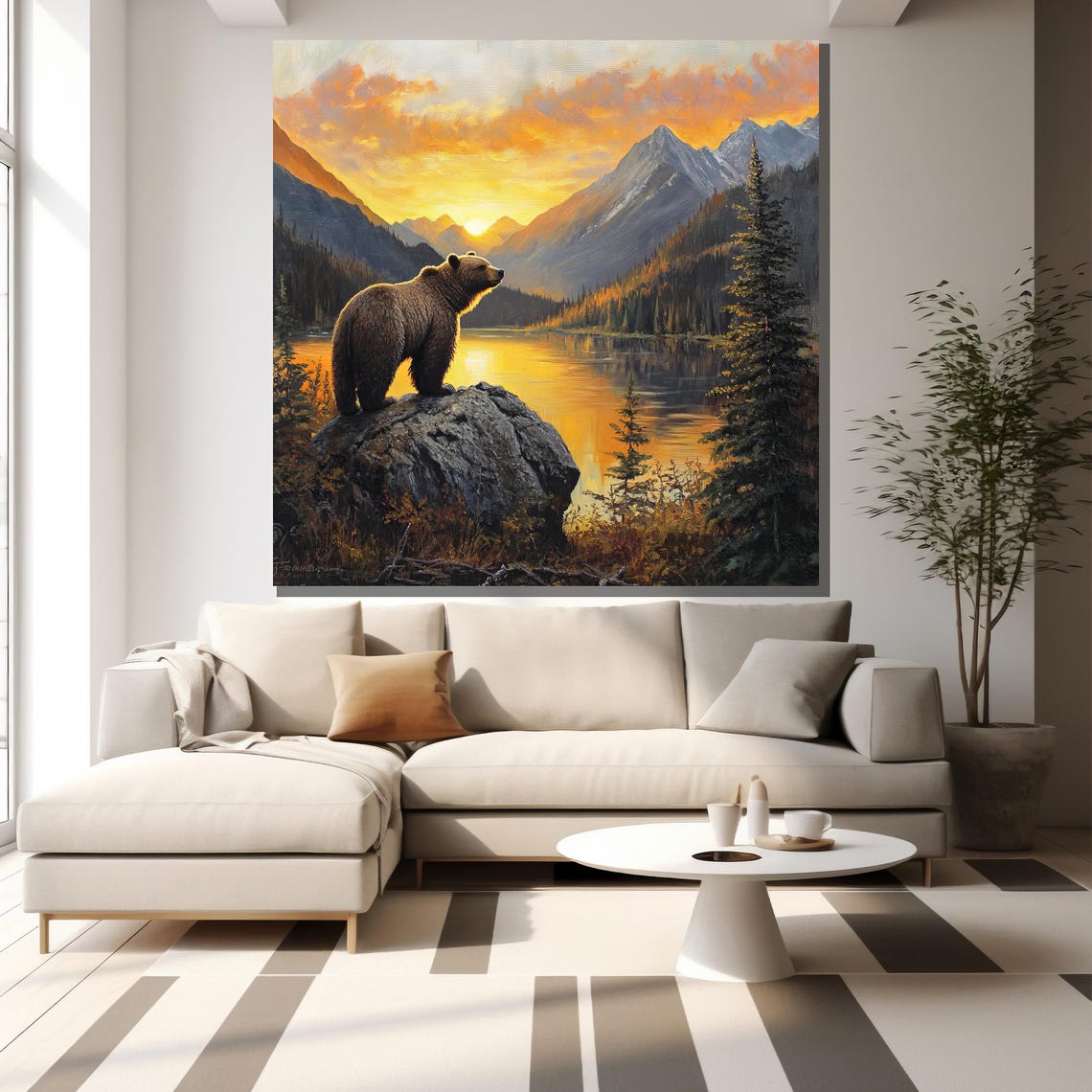 Grizzly Bear On Rock Mountain Lake Sunset Pine Forest Wildlife Poster - Image 2