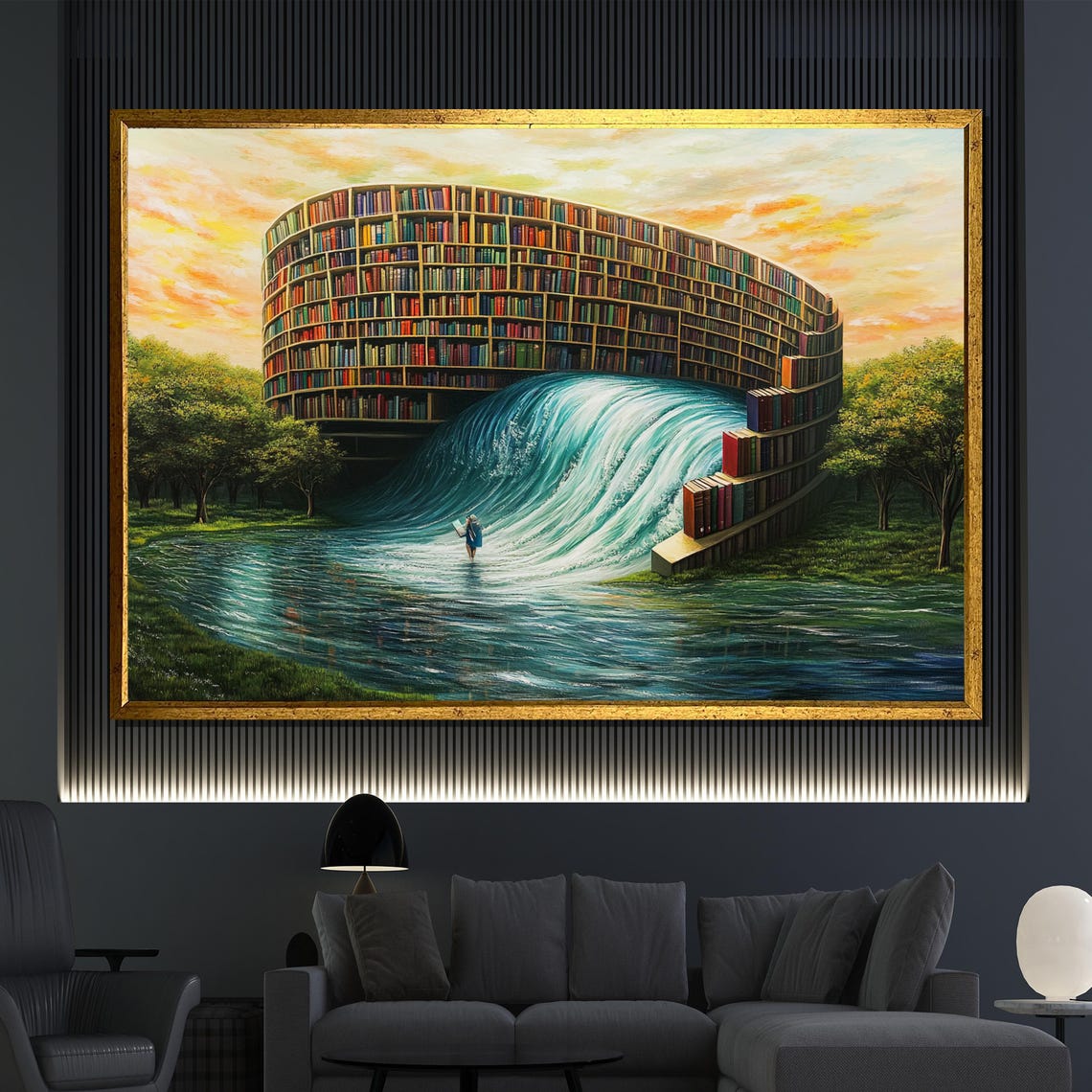 Surreal Library Waterfall Painting Fantasy Wall Art Unique Book Lover Decor Dreamy Gift For Readers
