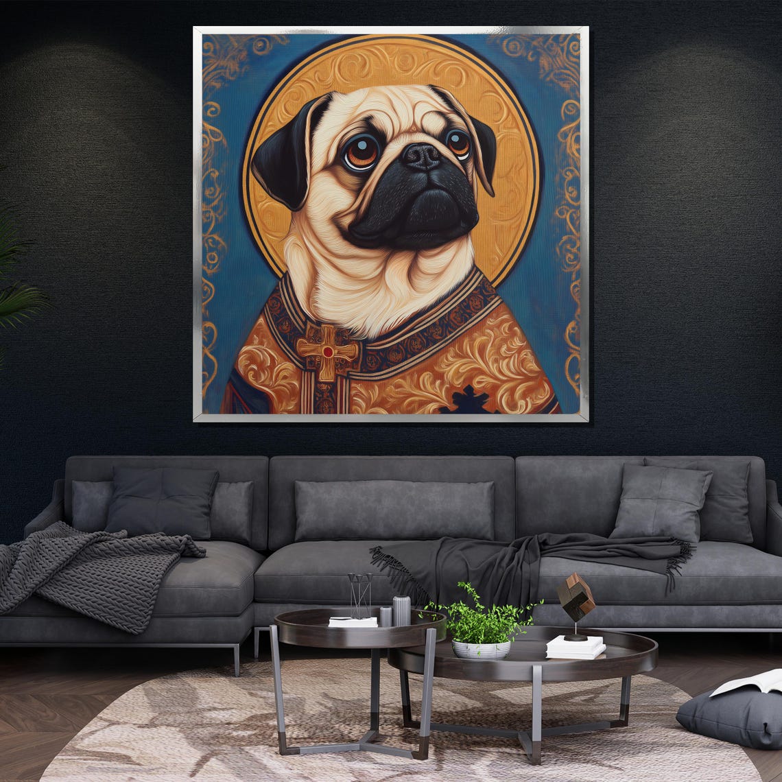 Pug Royal Portrait Golden Halo Whimsical Dog King Icon Wall Art - Image 4