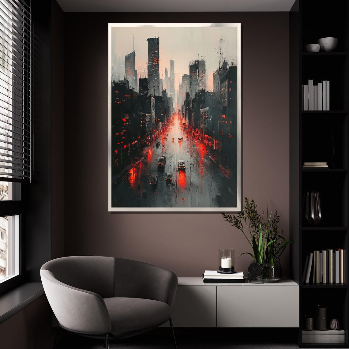 Modern City Avenue Rainy Night Red Lights Urban Nightscape Wall Poster - Image 4