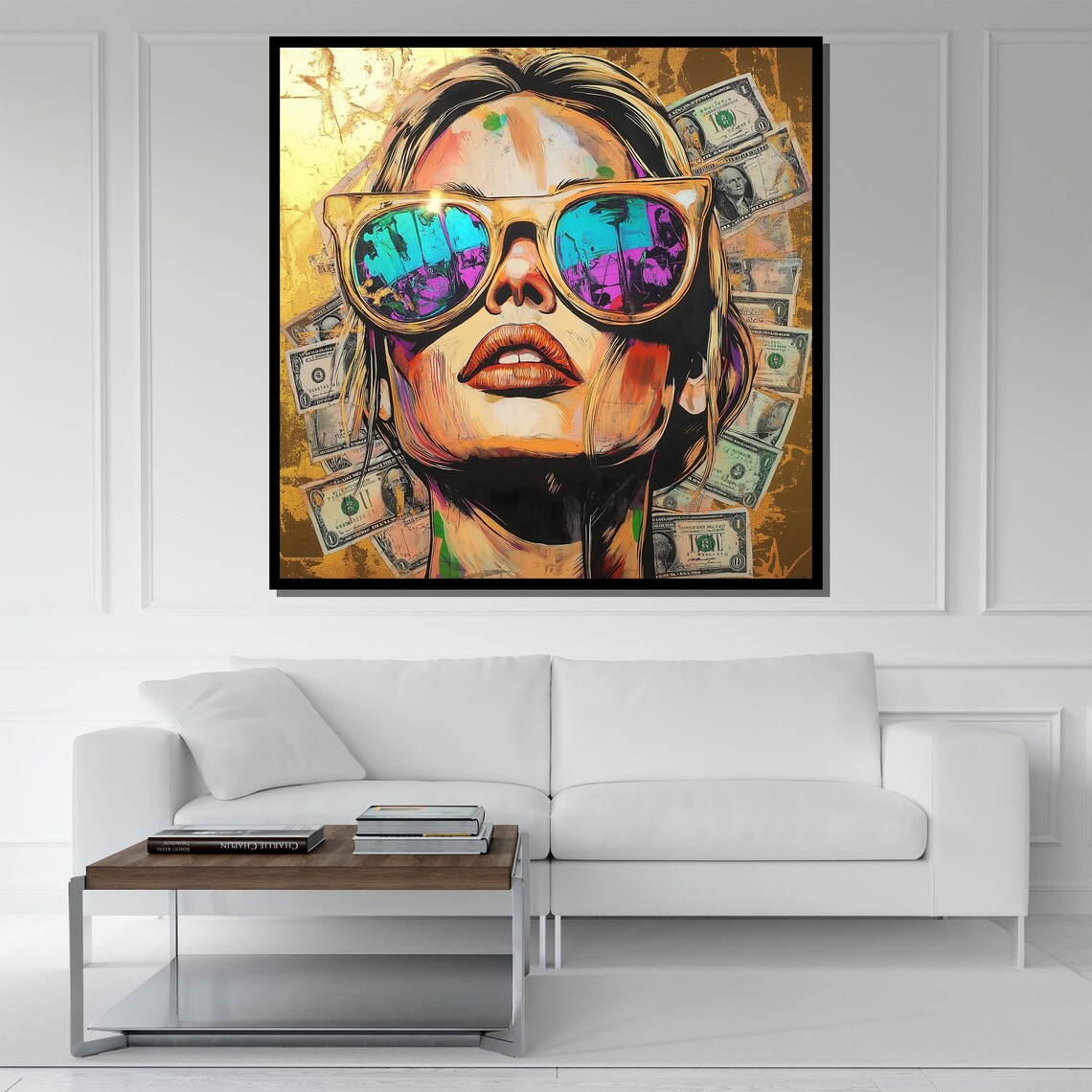 Woman Sunglasses Pop Art Dollar Bills Bold Neon Urban Modern Wall Poster - Image 5