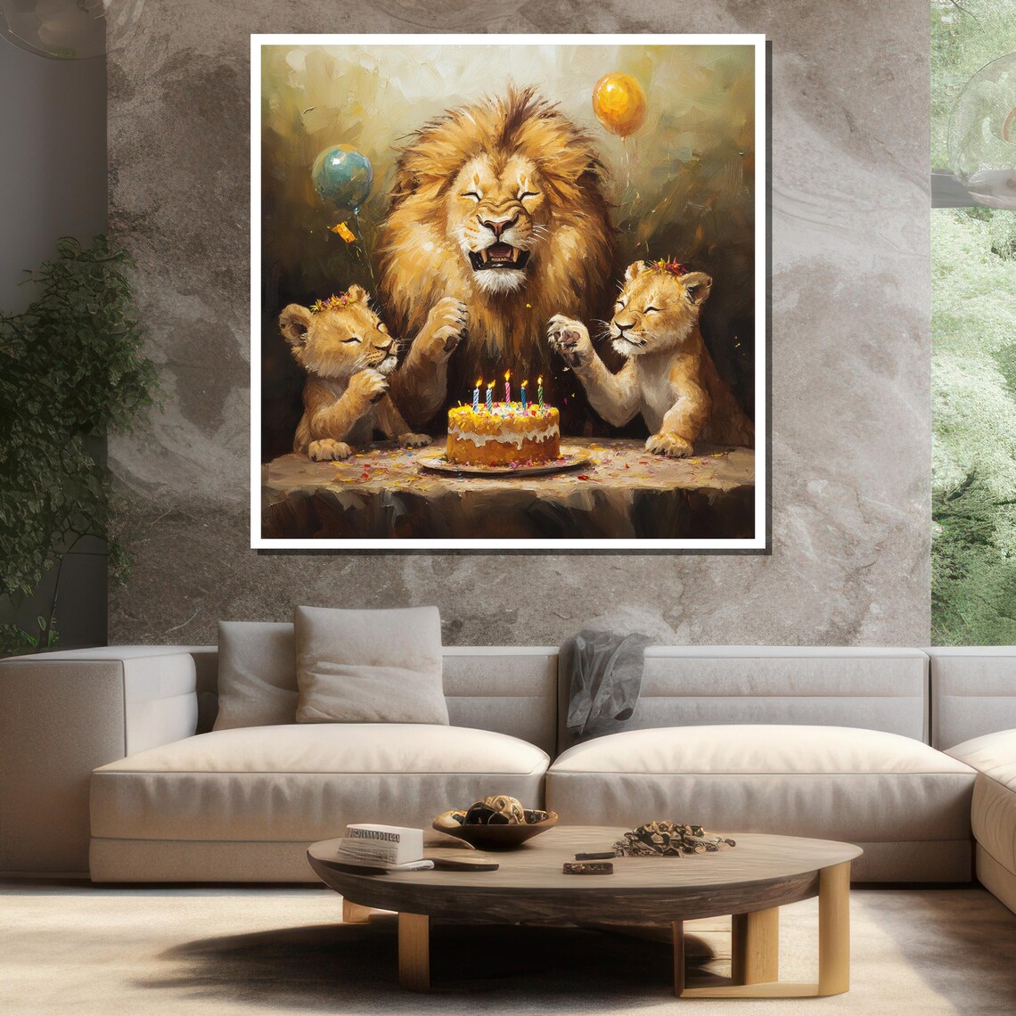 Lion Family Birthday Cake Balloons Cute Wildlife Art Wall Poster - Image 3