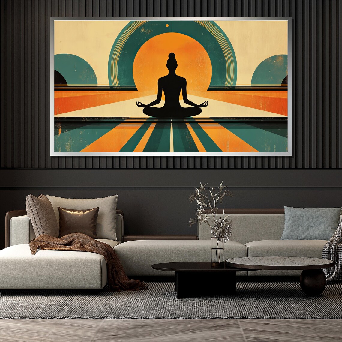 Retro Meditation Silhouette Orange Sun Teal Vintage Yoga Zen Art Poster - Image 4