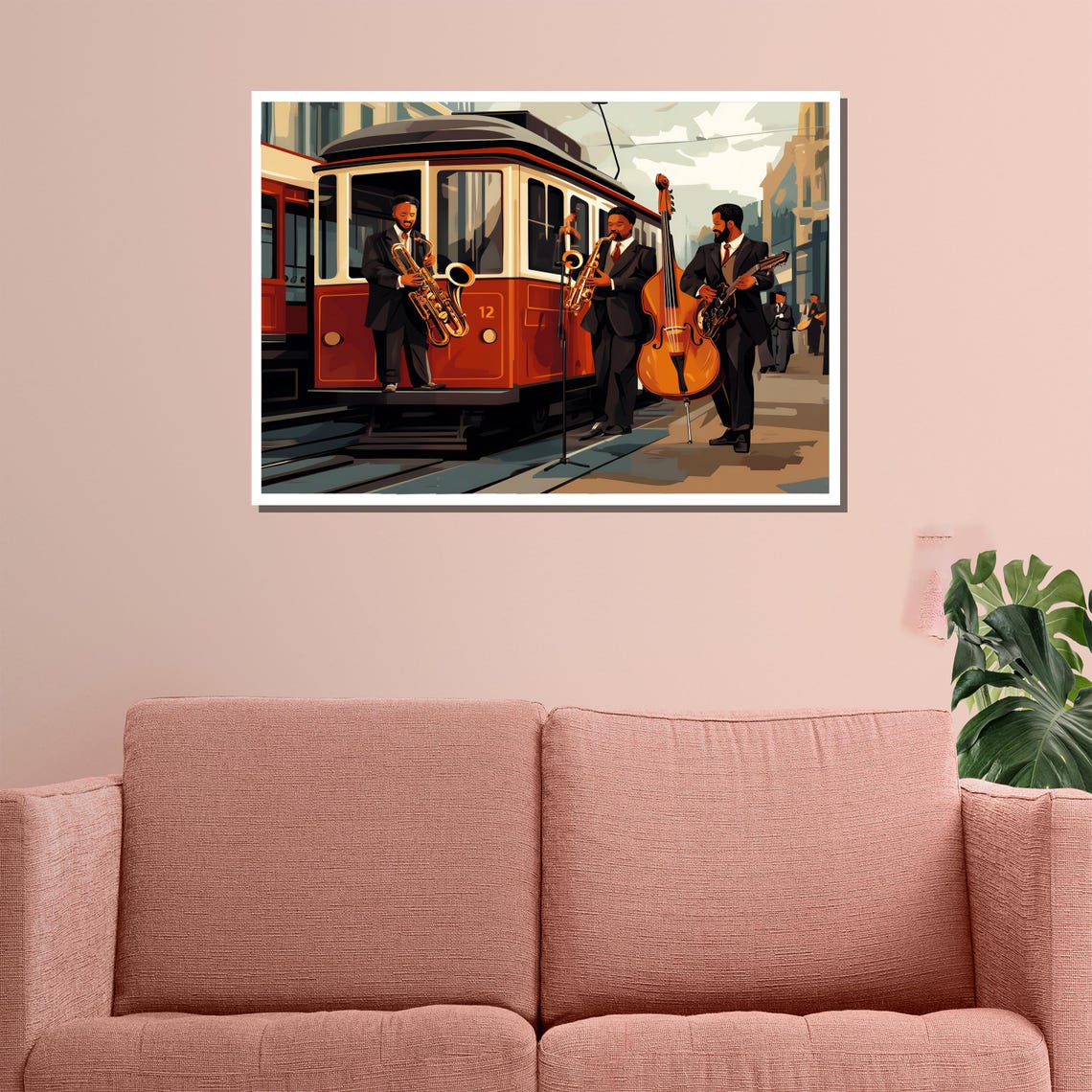 Street Jazz Band Playing Beside Vintage Red Tram Illustration Poster - Image 3