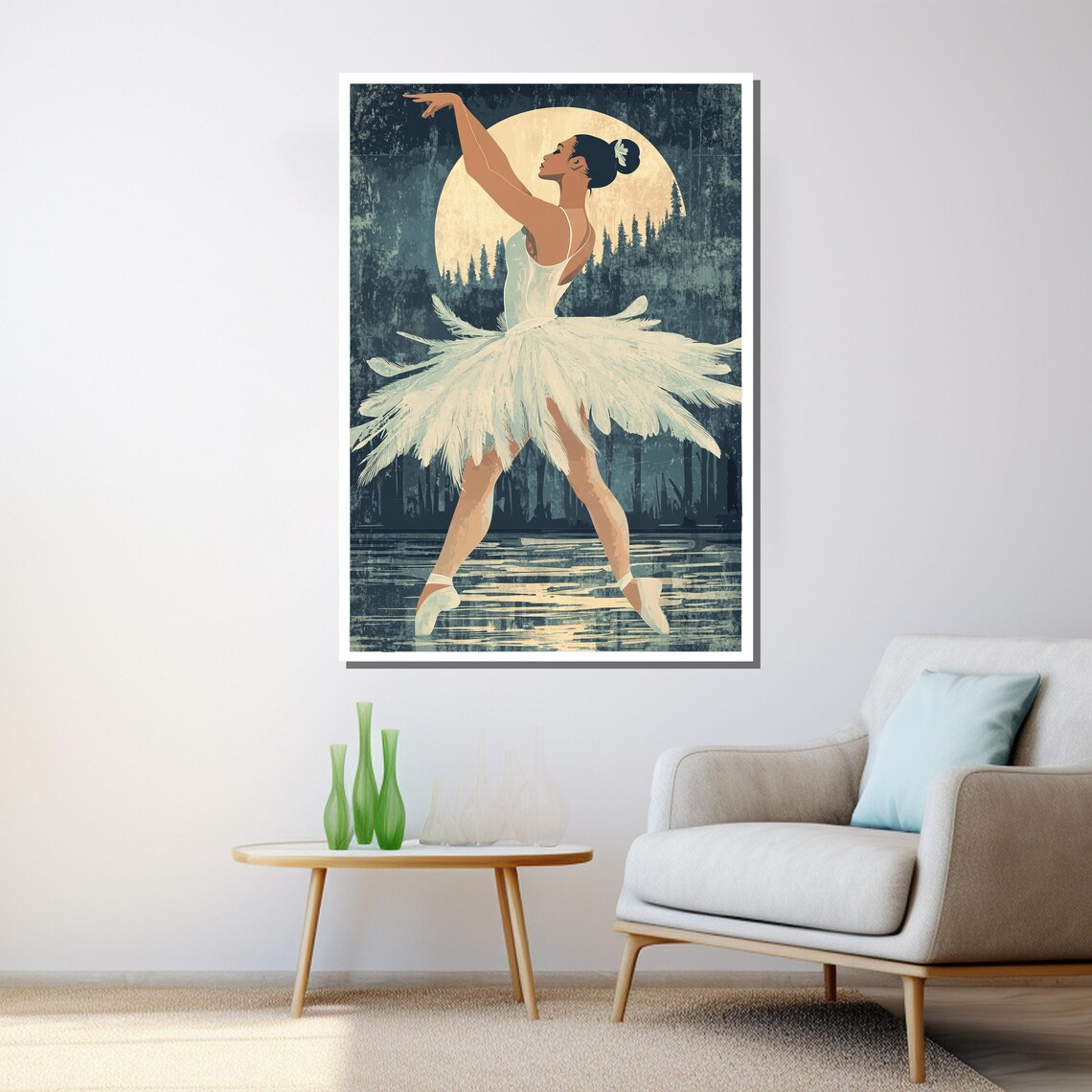 Moonlit Ballerina With Feather Tutu By The Lake Vintage Art Poster - Image 3