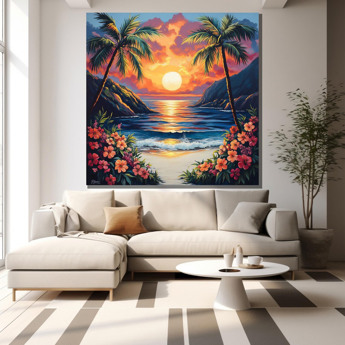Tropical Sunset Cove Palm Framed Ocean Cliffs Hibiscus Paradise Poster - Image 2