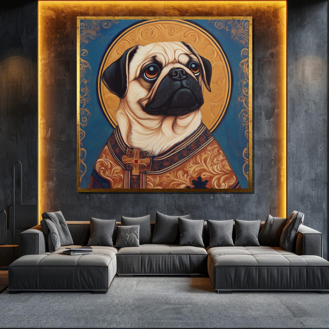 Pug Royal Portrait Golden Halo Whimsical Dog King Icon Wall Art