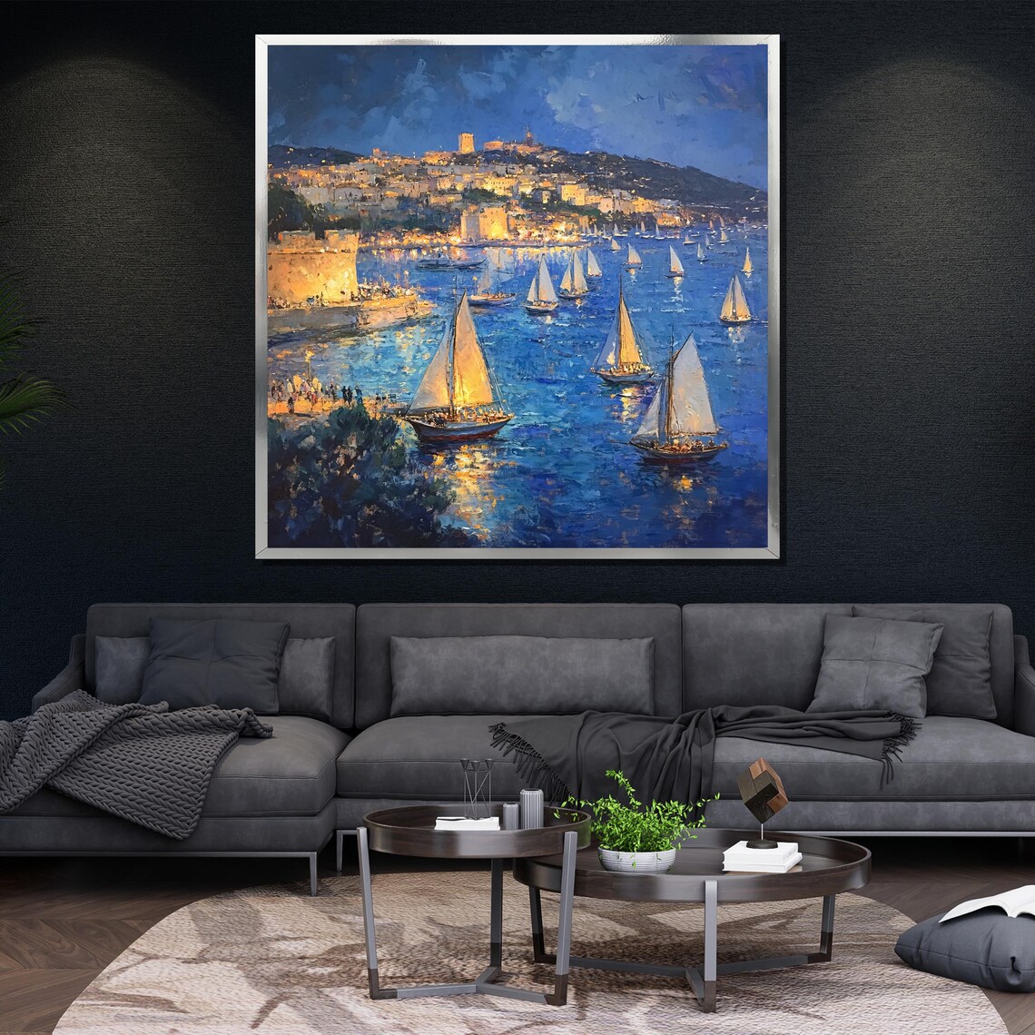 Sailing Boats In Mediterranean Night Painting Coastal Wall Art For Nautical Home Decor - Image 4