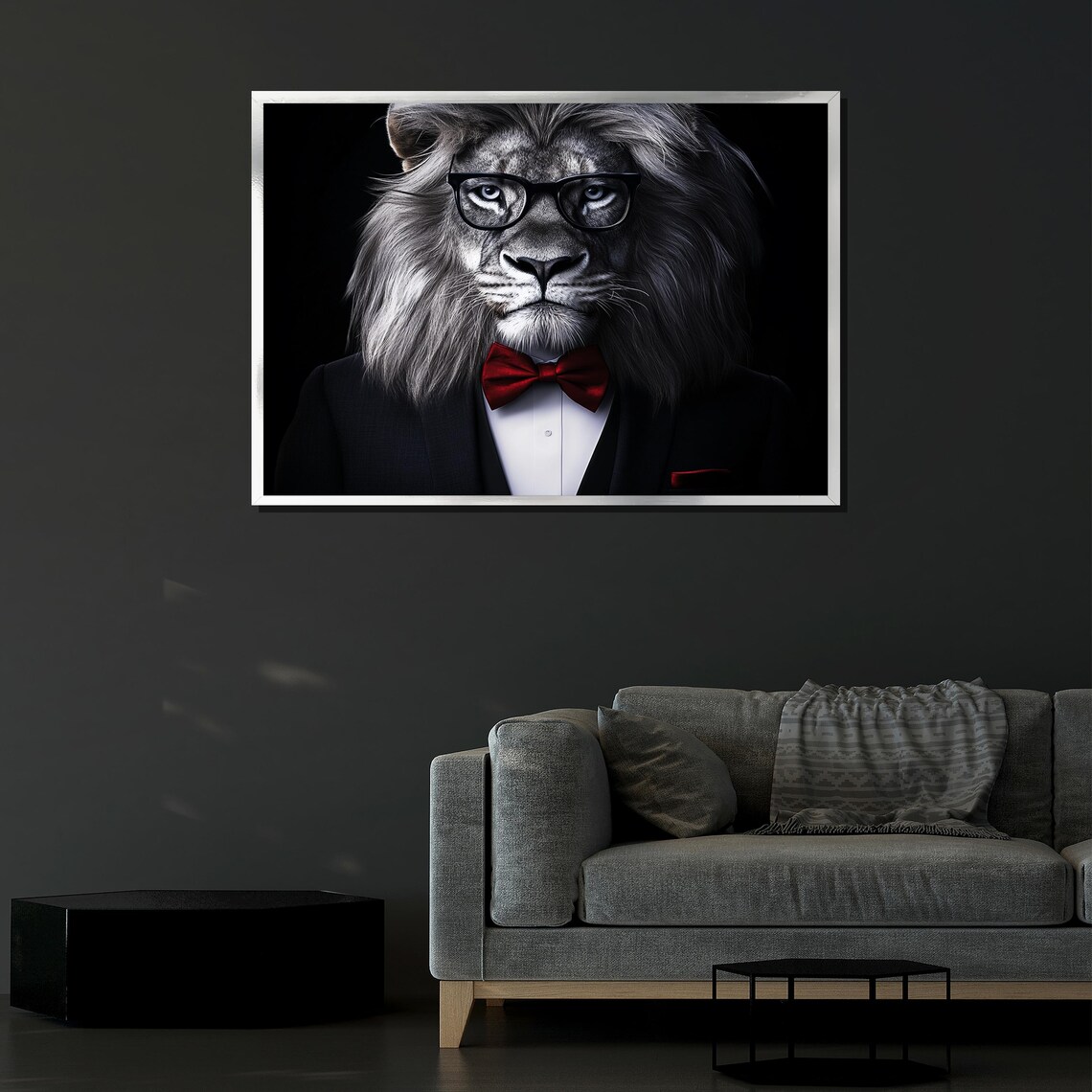Dapper Lion Portrait Black Suit Red Bow Tie Glasses Regal Animal Wall Art Poster - Image 4
