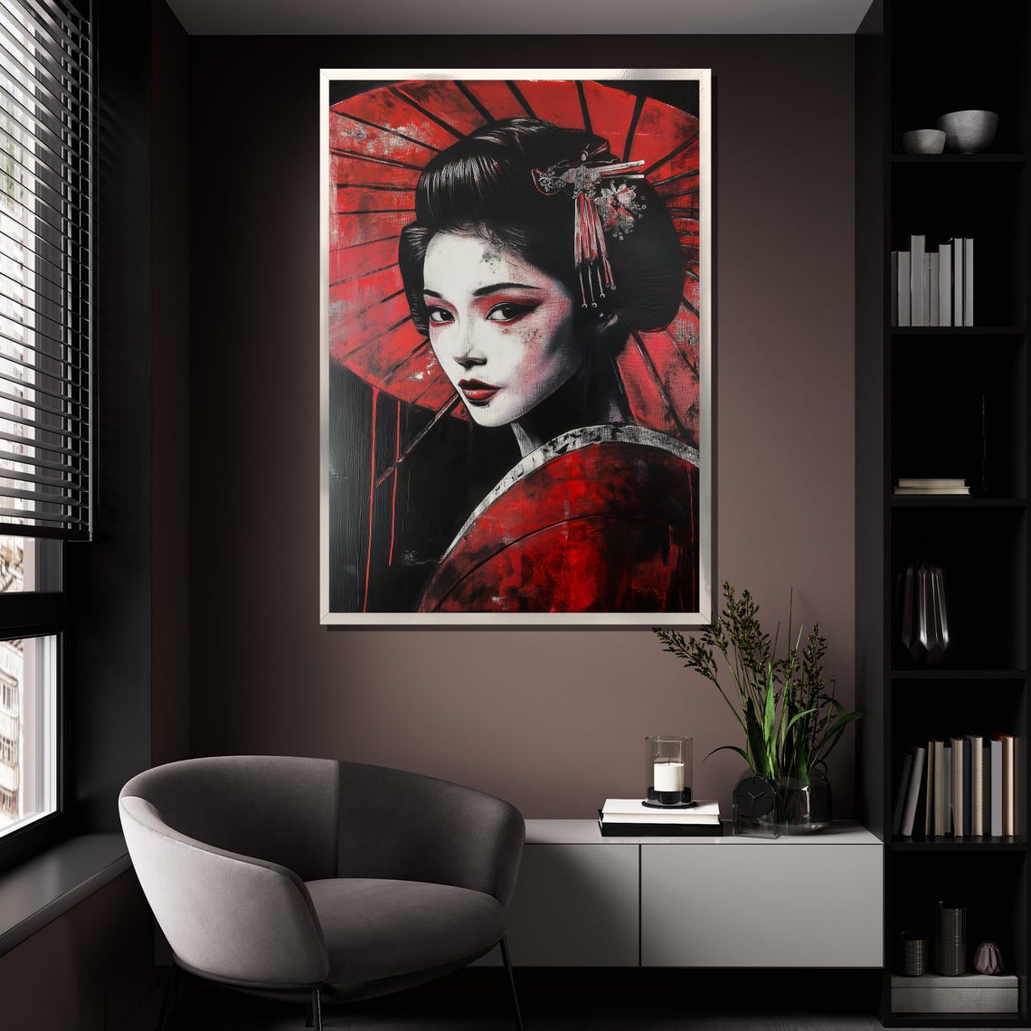 Bold Red Geisha Umbrella Portrait Dramatic Black Japanese Art Poster - Image 4
