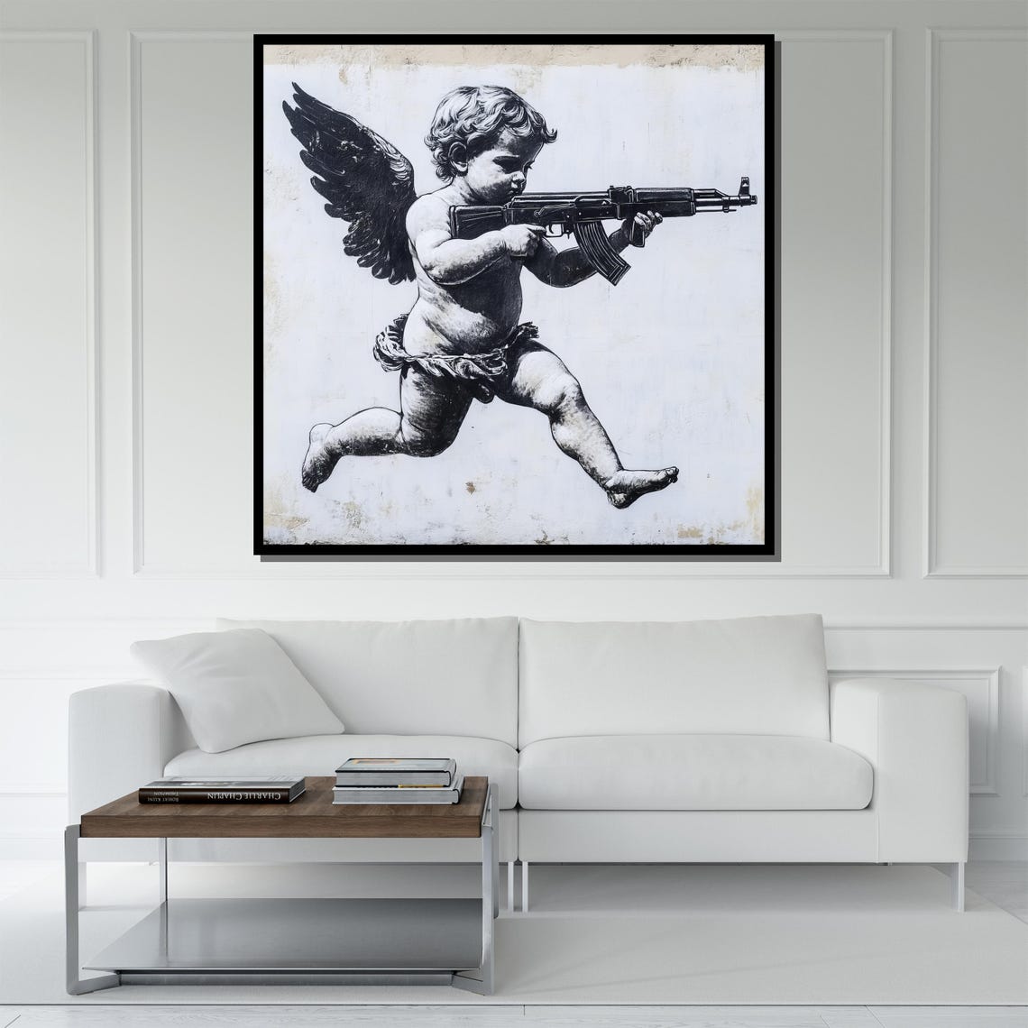 Cherub Holding Rifle Black And White Graffiti Street Art Wall Poster - Image 5