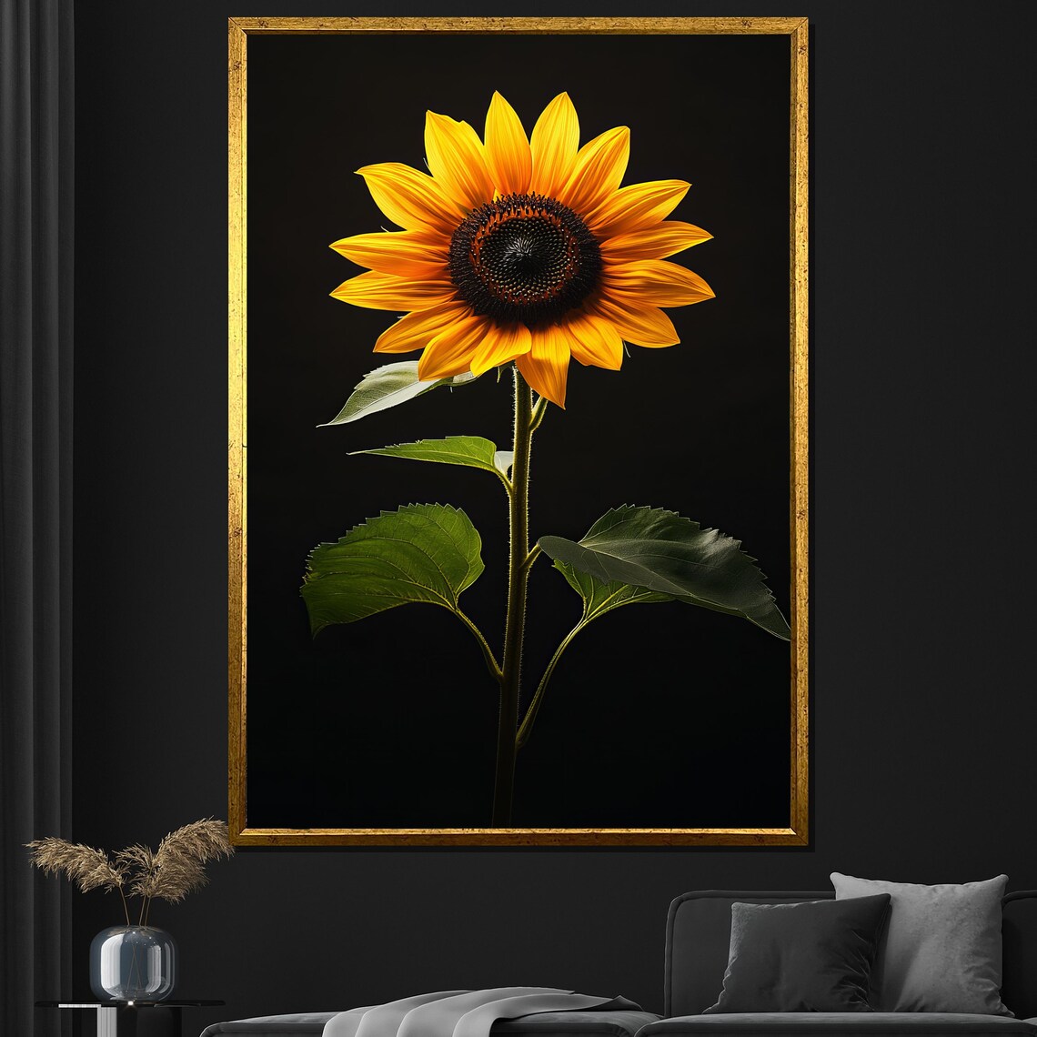 Sunflower With Green Leaves On Black Background Nature Art Poster