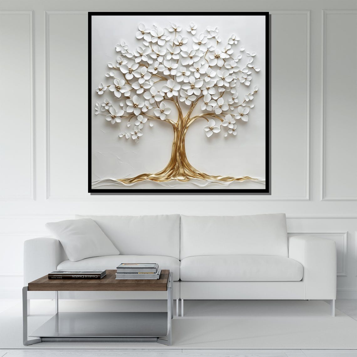 Gold Tree Of Life With White Blossoms 3D Textured Art Poster - Image 5