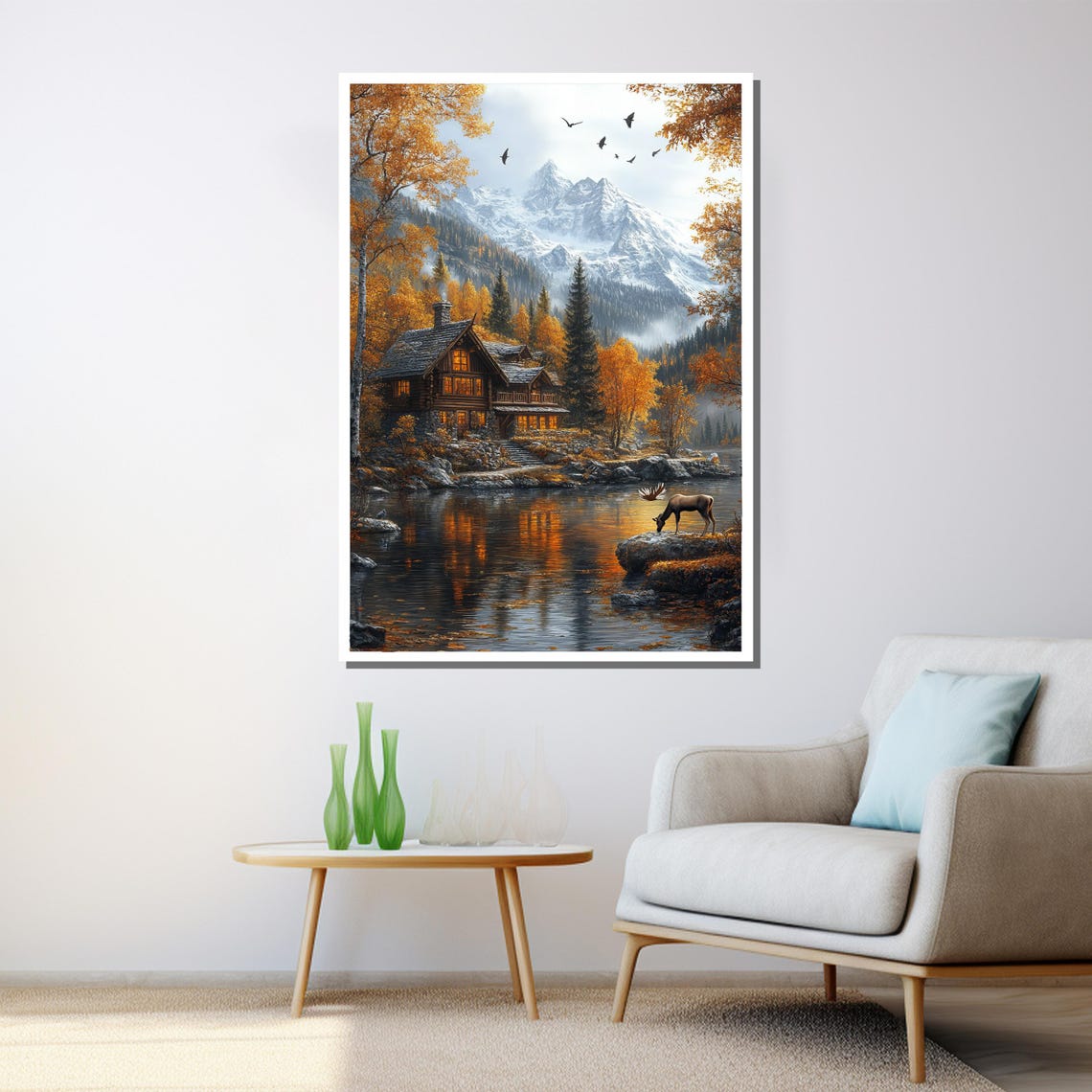 Mountain Lake Cabin At Autumn With Moose Wildlife Scenic Art Poster - Image 3
