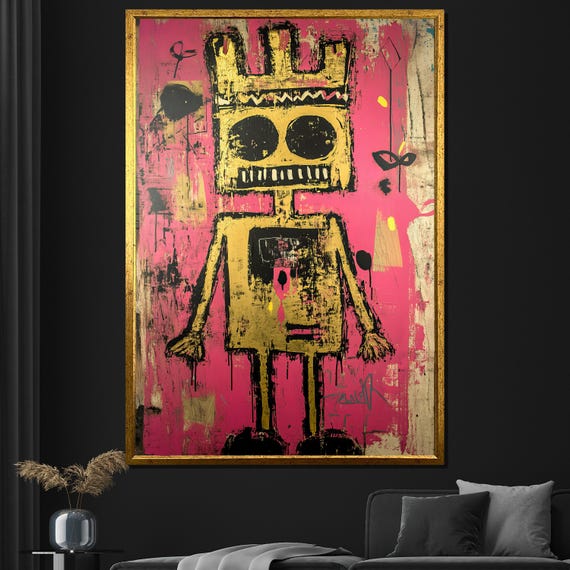 Abstract Robot Pop Art Bold Pink And Gold Modern Wall Art For Home Decor Or Gift