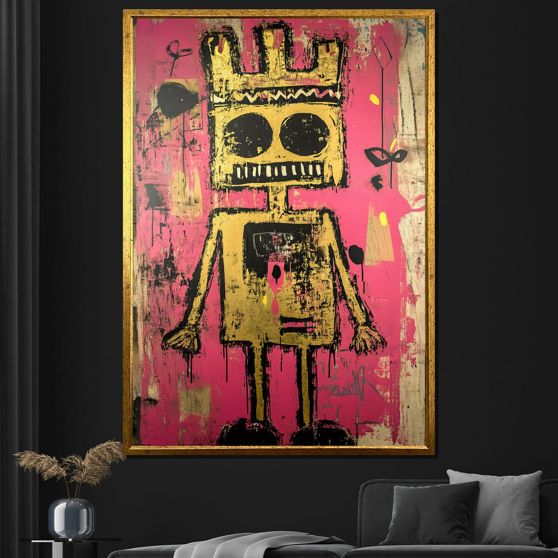 Abstract Robot Pop Art Bold Pink And Gold Modern Wall Art For Home Decor Or Gift