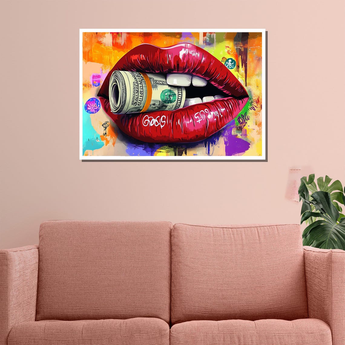 Bold Lips With Money Painting Modern Graffiti Wall Art Unique Pop Art Gift For Home Decor - Image 3