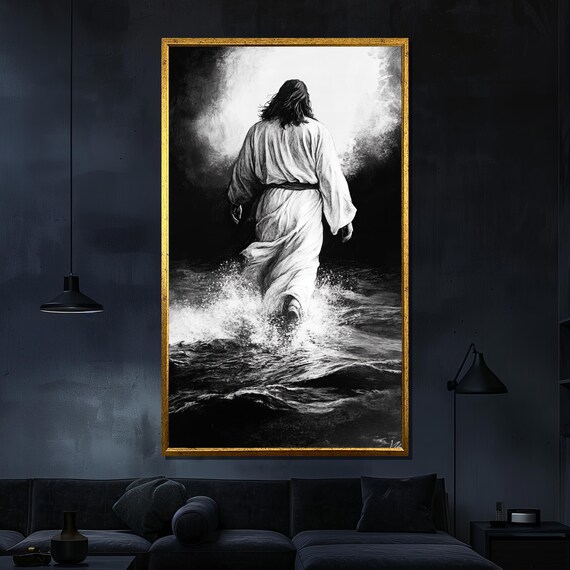 Black And White Jesus Walking On Water Under Heavenly Light Poster