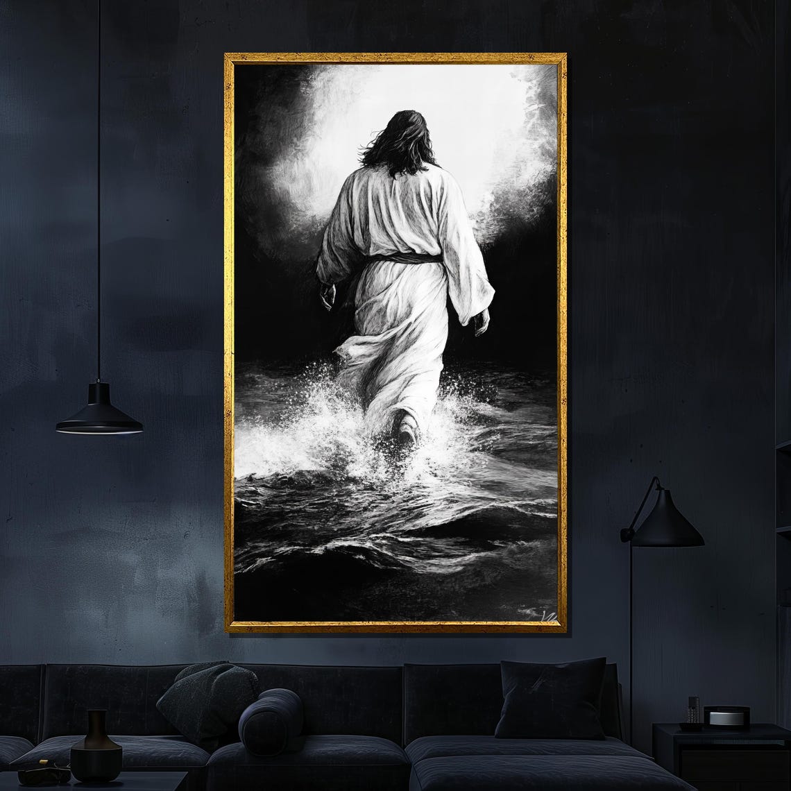 Black And White Jesus Walking On Water Under Heavenly Light Poster