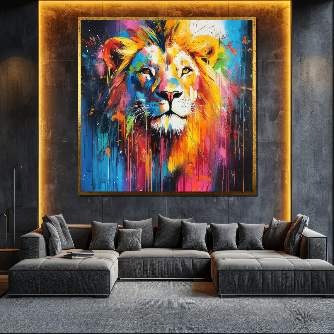 Colorful Abstract Lion Paint Drip Modern Wildlife Art Poster