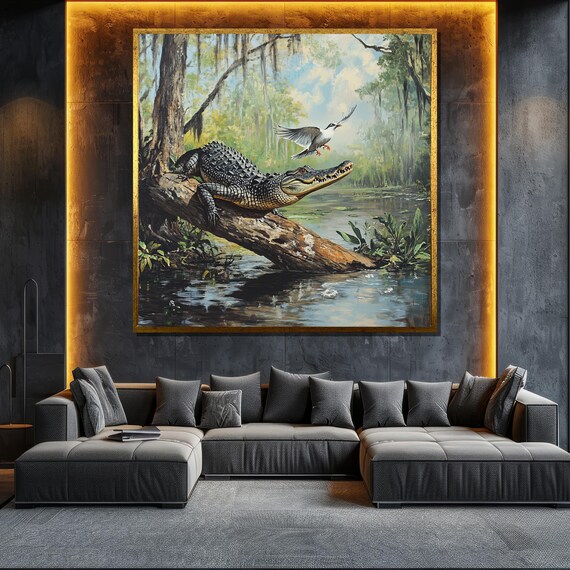 Alligator On Log In Bayou Swamp Wildlife Nature Scene Poster