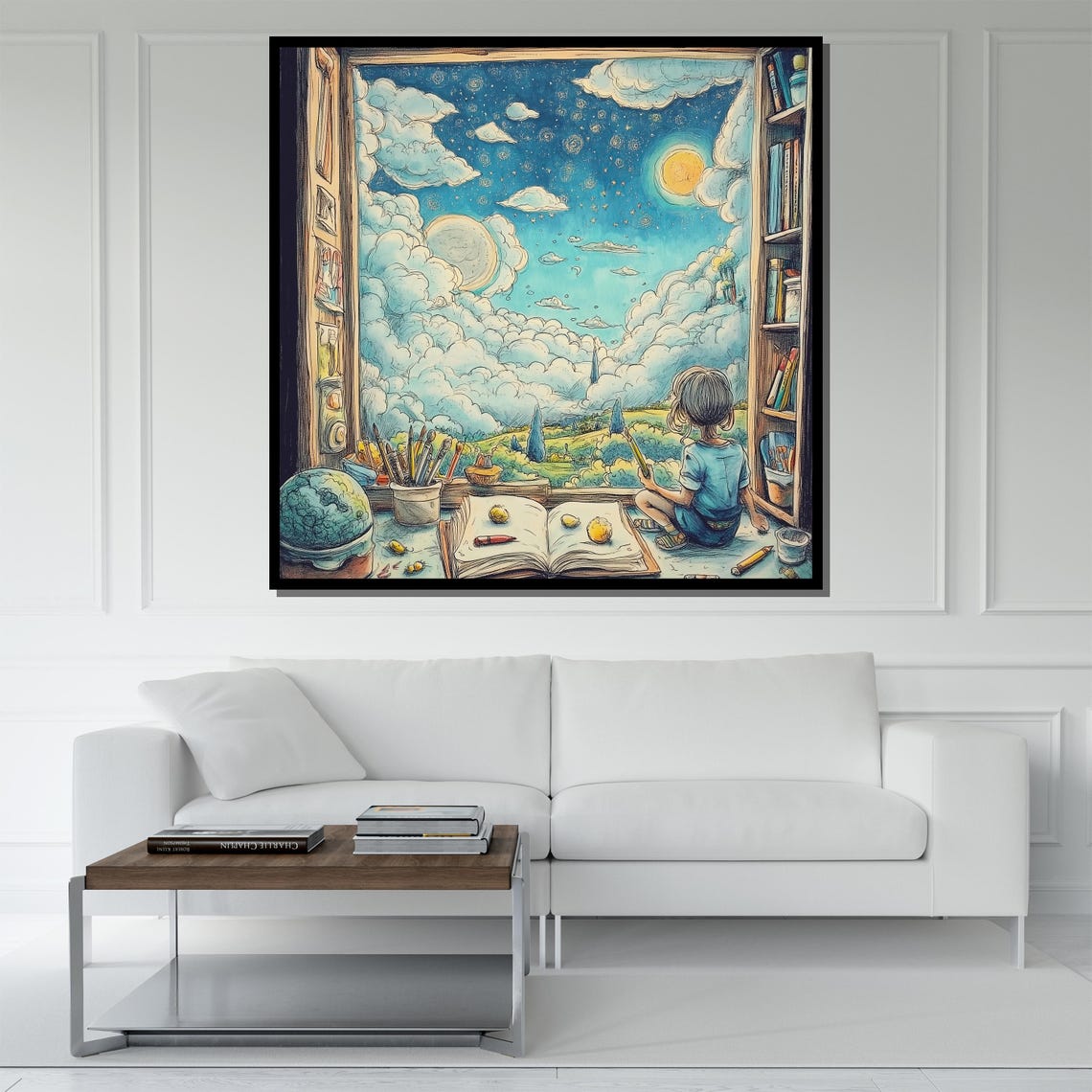 Child Gazing Out A Storybook Window At The Moonlit Night Sky Poster - Image 5