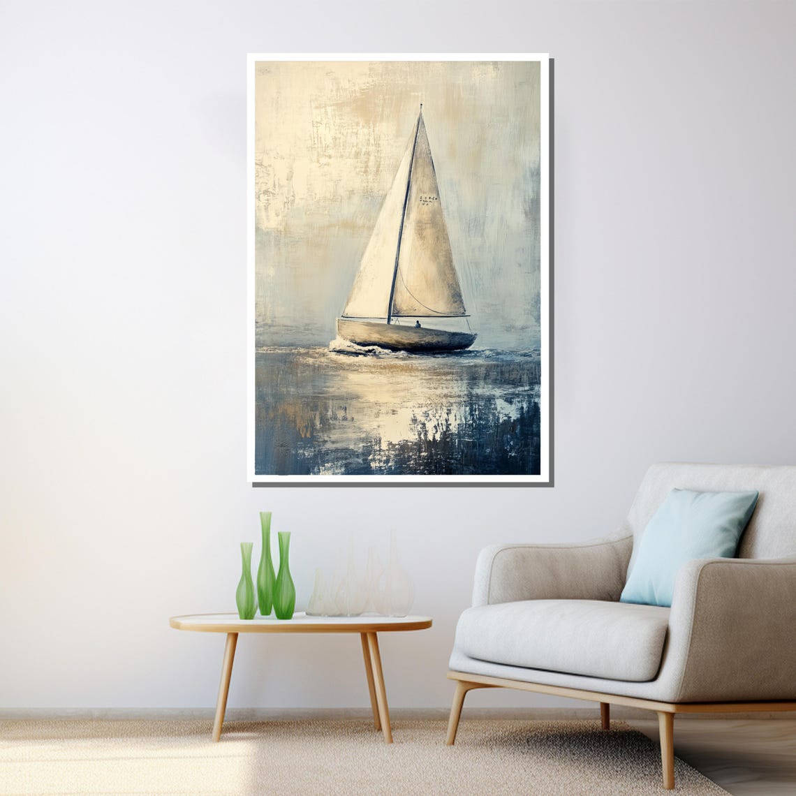 Minimalist Sailboat White Sails Pale Blue Sea Abstract Ocean Poster - Image 3