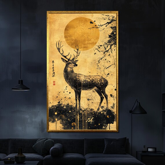 Japanese Ink Deer Golden Moon Sumi Style Elegant Wildlife Art Poster