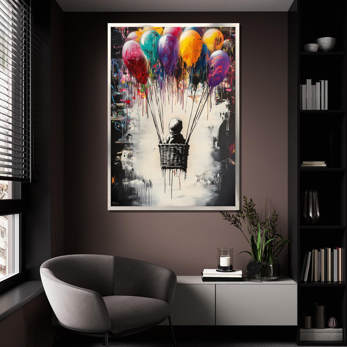 Child Basket Floating Colorful Dripping Balloons Whimsical Art Poster - Image 4