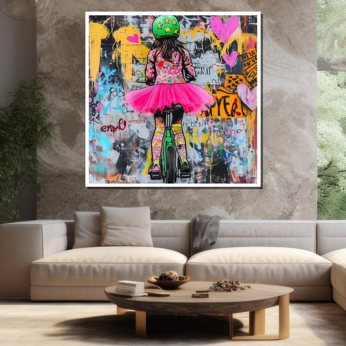 Girl In Pink Tutu Riding Bike Toward Graffiti Wall Street Art Poster - Image 3