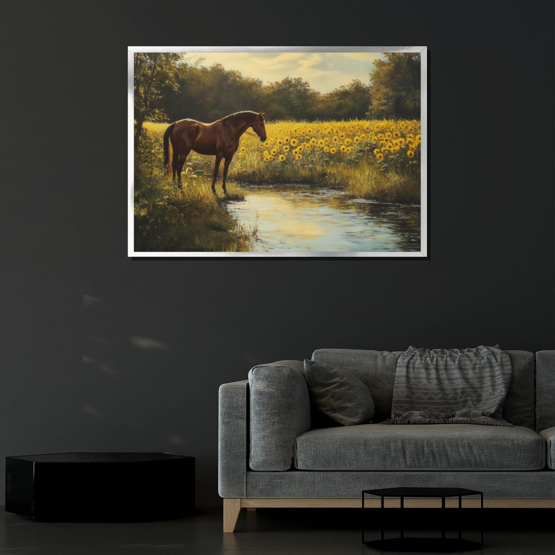 Chestnut Horse Sunflower Field Stream Golden Evening Rustic Wall Art - Image 4