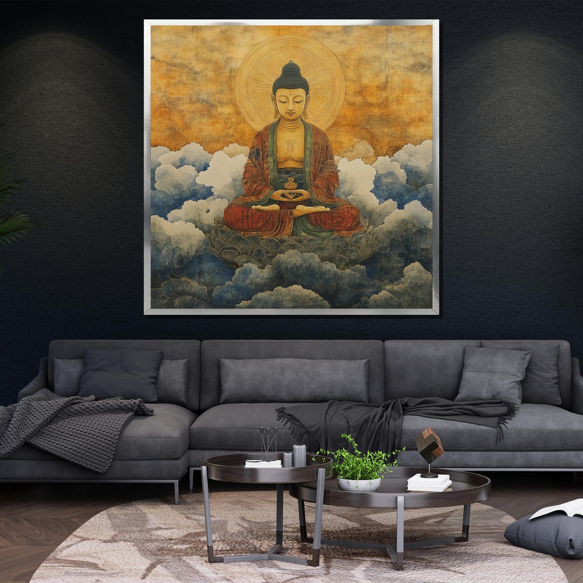 Vintage Buddha Meditating Above Clouds Golden Wall Art Poster - Image 4