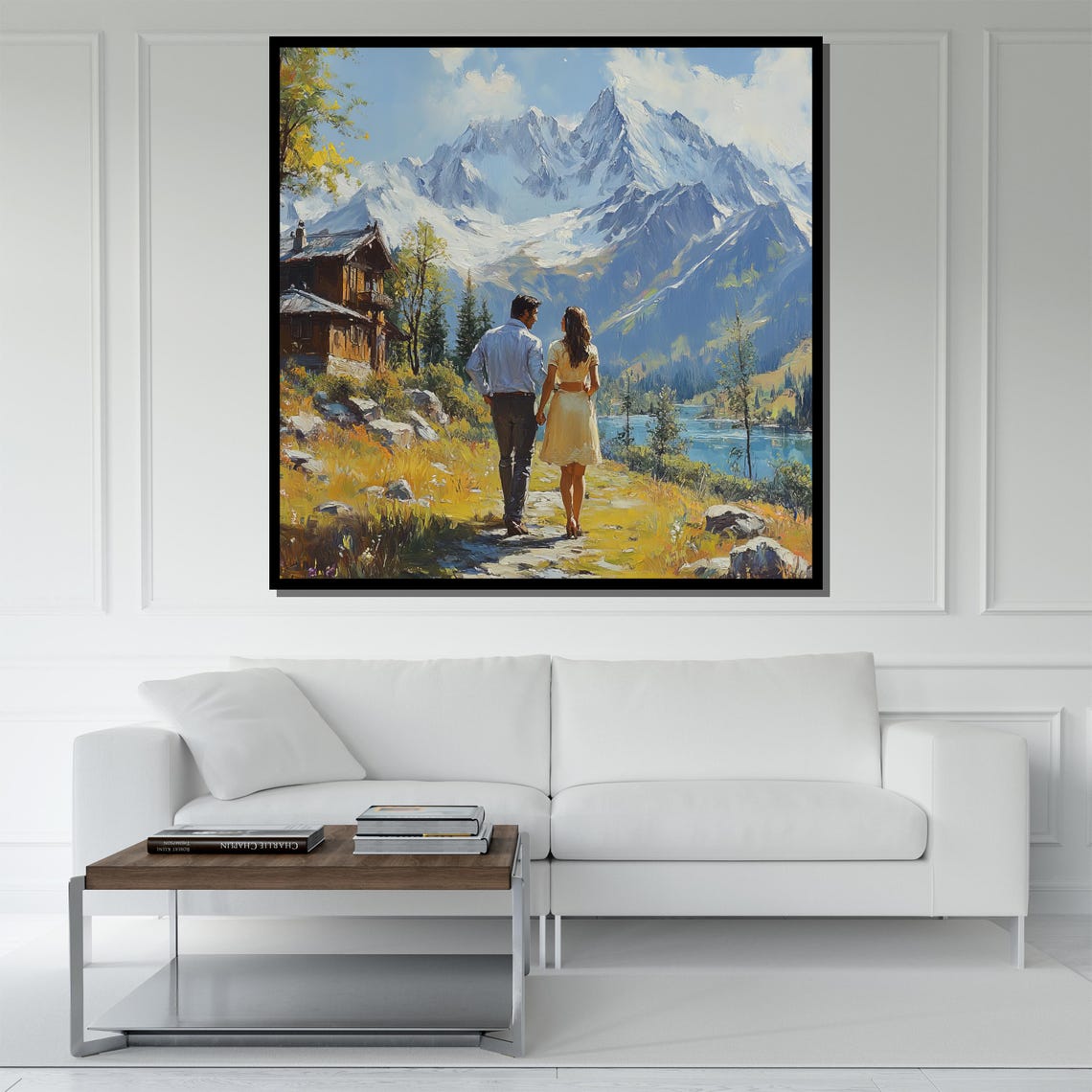 Romantic Couple Walking In Nature Painting Mountain Landscape Wall Art Modern Home Decor Gift - Image 5
