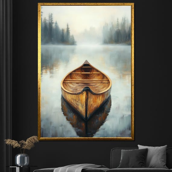 Peaceful Wooden Canoe Painting Serene Lake Wall Art Nature Inspired Decor For Living Room Or Bedroom Gift Idea