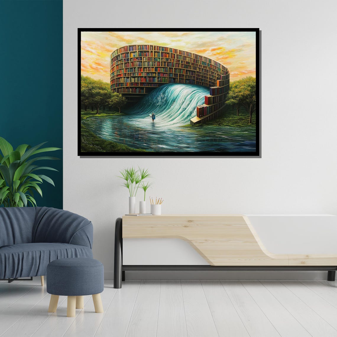 Surreal Library Waterfall Painting Fantasy Wall Art Unique Book Lover Decor Dreamy Gift For Readers - Image 5