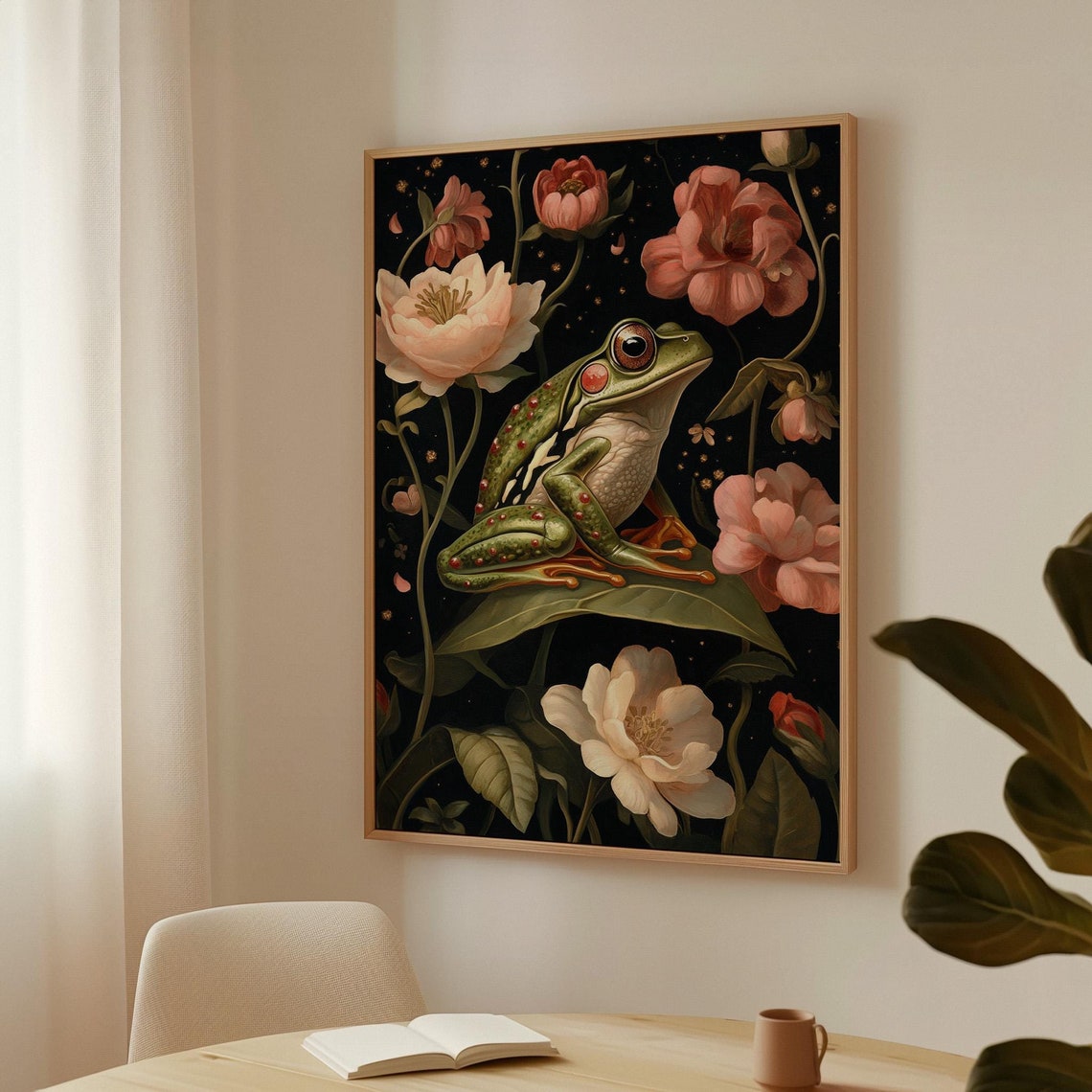 Green Tree Frog With Red Spots Among Pink Flowers Dark Jungle Poster