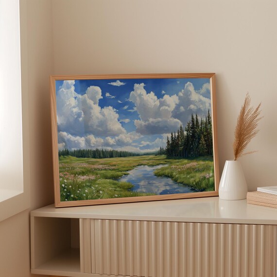 Tranquil Meadow Stream Art Blue Sky Clouds Landscape Painting For Nature Inspired Rustic Or Cottage Wall Decor